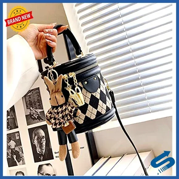 Quilted Faux Leather Satchel Crossbody Bag with Bunny Pendant - Picture 3 of 7